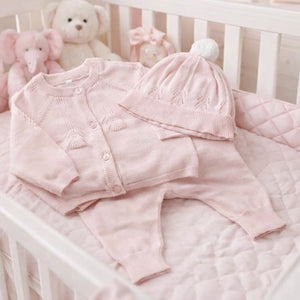 Pink baby girl knitted clothing set with cardigan, trousers and hat