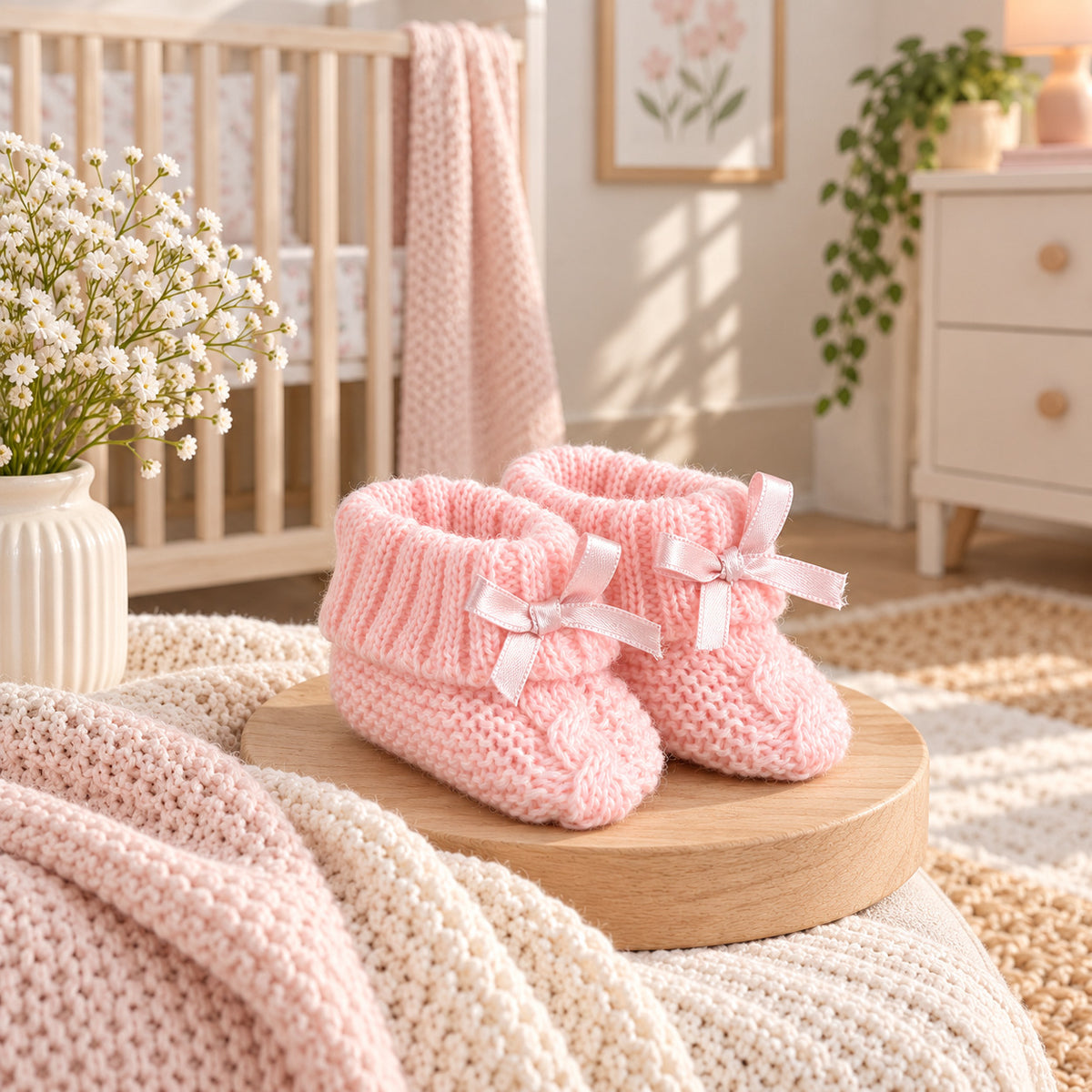 Pale pink knitted baby booties with ribbon bows and folded ribbed cuffs
