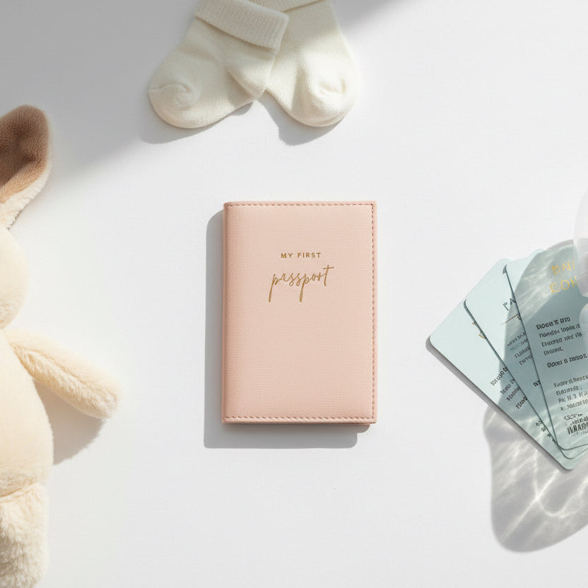 Pink baby passport holder with gold-stamped wording on the front to cover a baby girls passport
