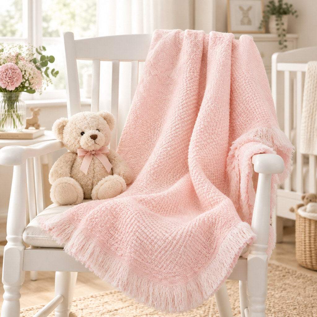 Pink baby shawl measuring 120 x 120 cm