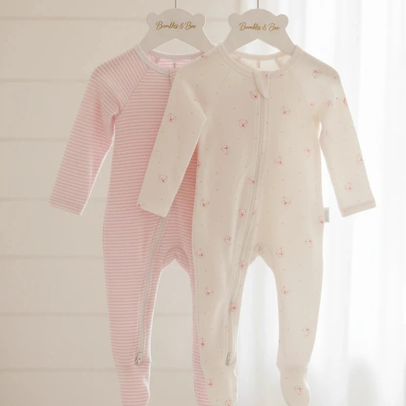 Two Pink Bear baby zip growsuits made from 100% organic cotton