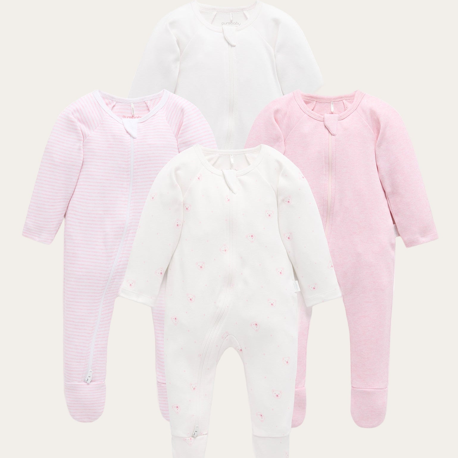 4 pack zip baby suits in pale pink and white