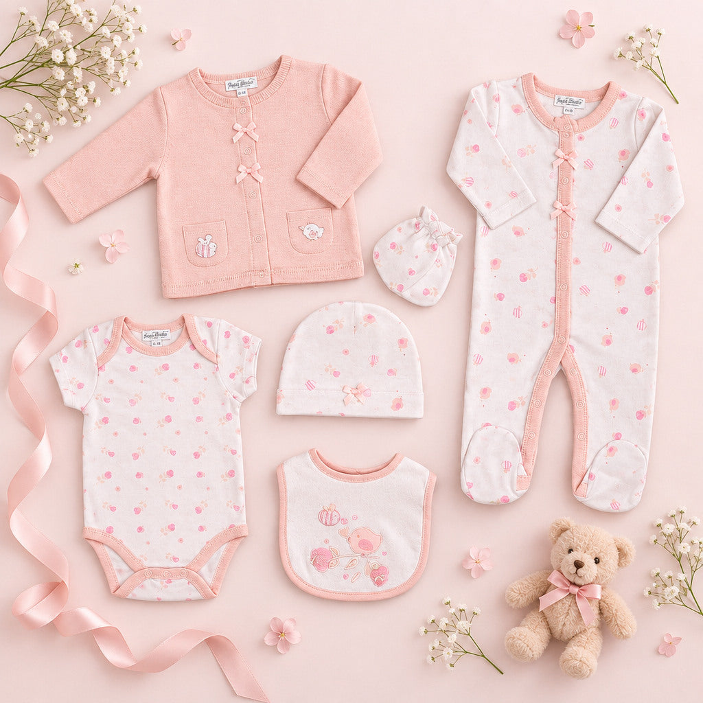 Pink baby girl 6 piece layette gift set with bird embroidery and applique