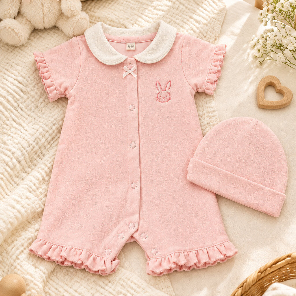 Pink baby girl romper with matching hat and bunny embroidery applique