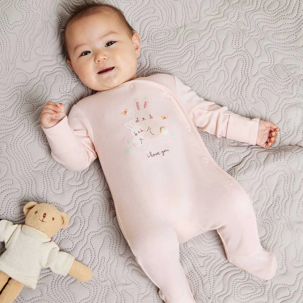 Pink baby sleepsuit with bunny embroidery