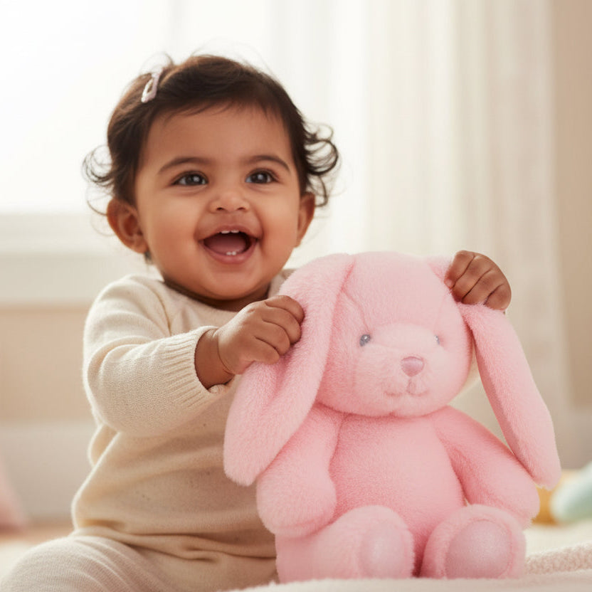 Soft pink cuddly bunny plush soft toy with long floppy ears and embroidered eyes made from recycled materials