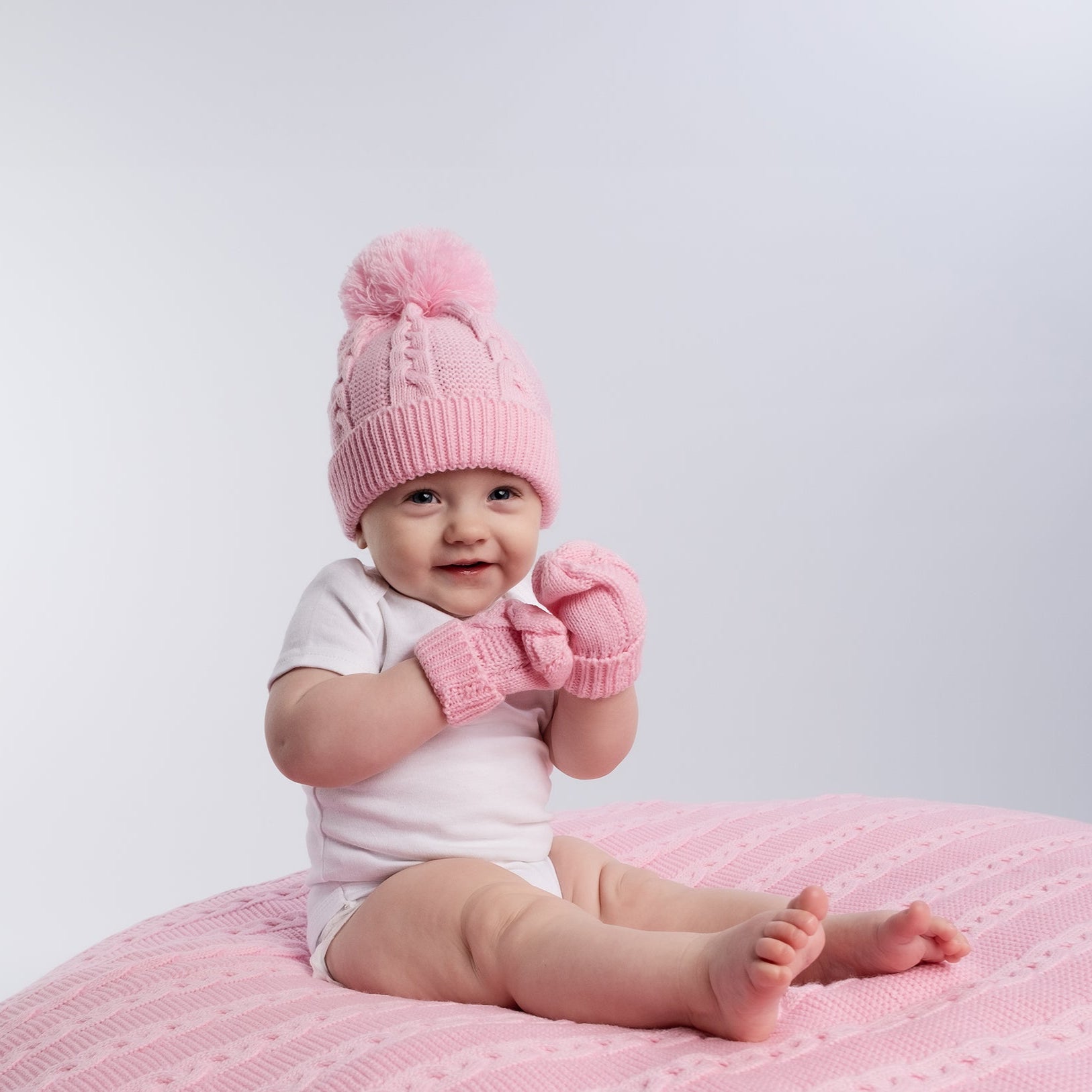 Pink Recycled Cable Knit Baby Pompom Hat – Bumbles Boo