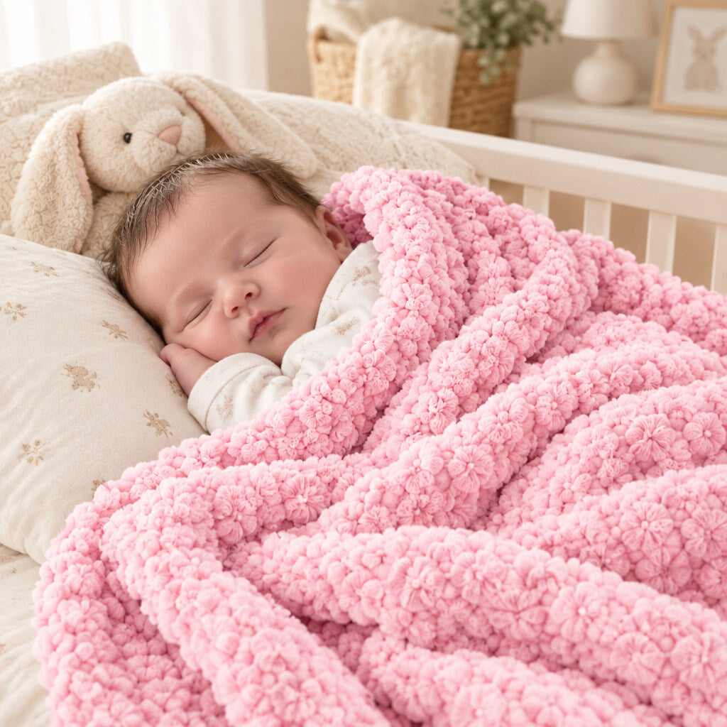 Pink coral fleece baby wrap in 100% polyester measuring 75 x 90 cm