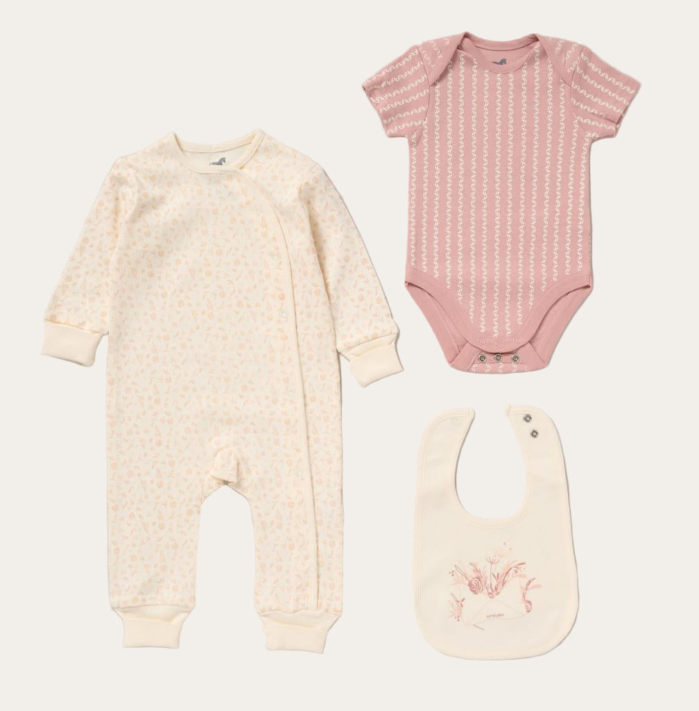 Baby Girl Gift Set with Floral Bib and Sleepsuit