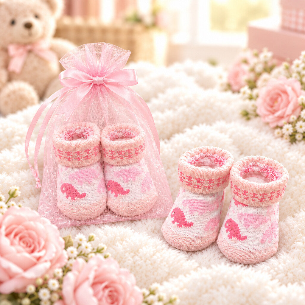 Pink dinosaur newborn baby socks with folded cuffs, shown beside a matching pair in a pink ribbon-tied bag.