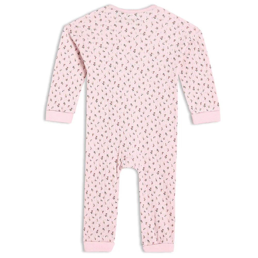 Pink baby girl romper with all-over ditsy floral print