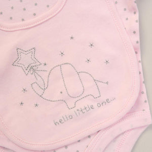 Pink baby bib on a onesie with elephant and star design