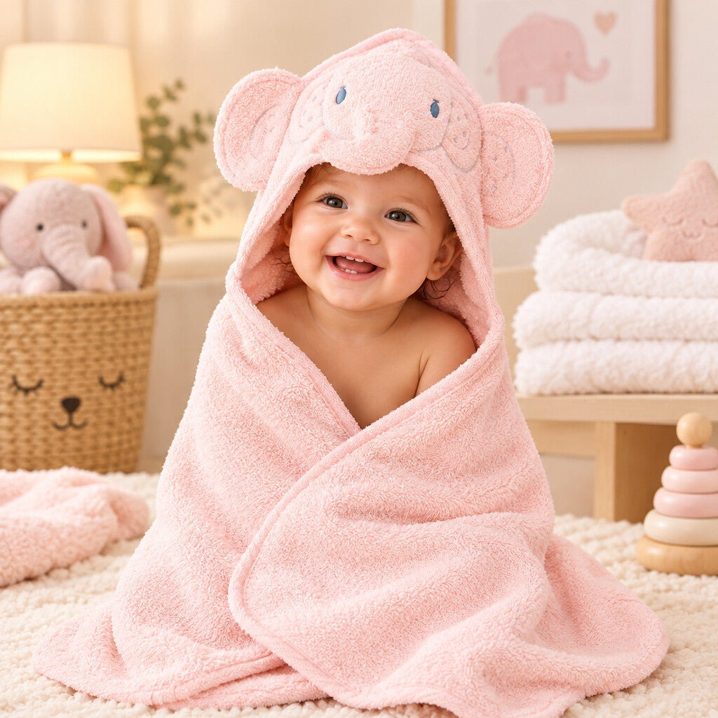 Pink elephant baby hooded towel with a 3D animal hood, 75 × 75 cm