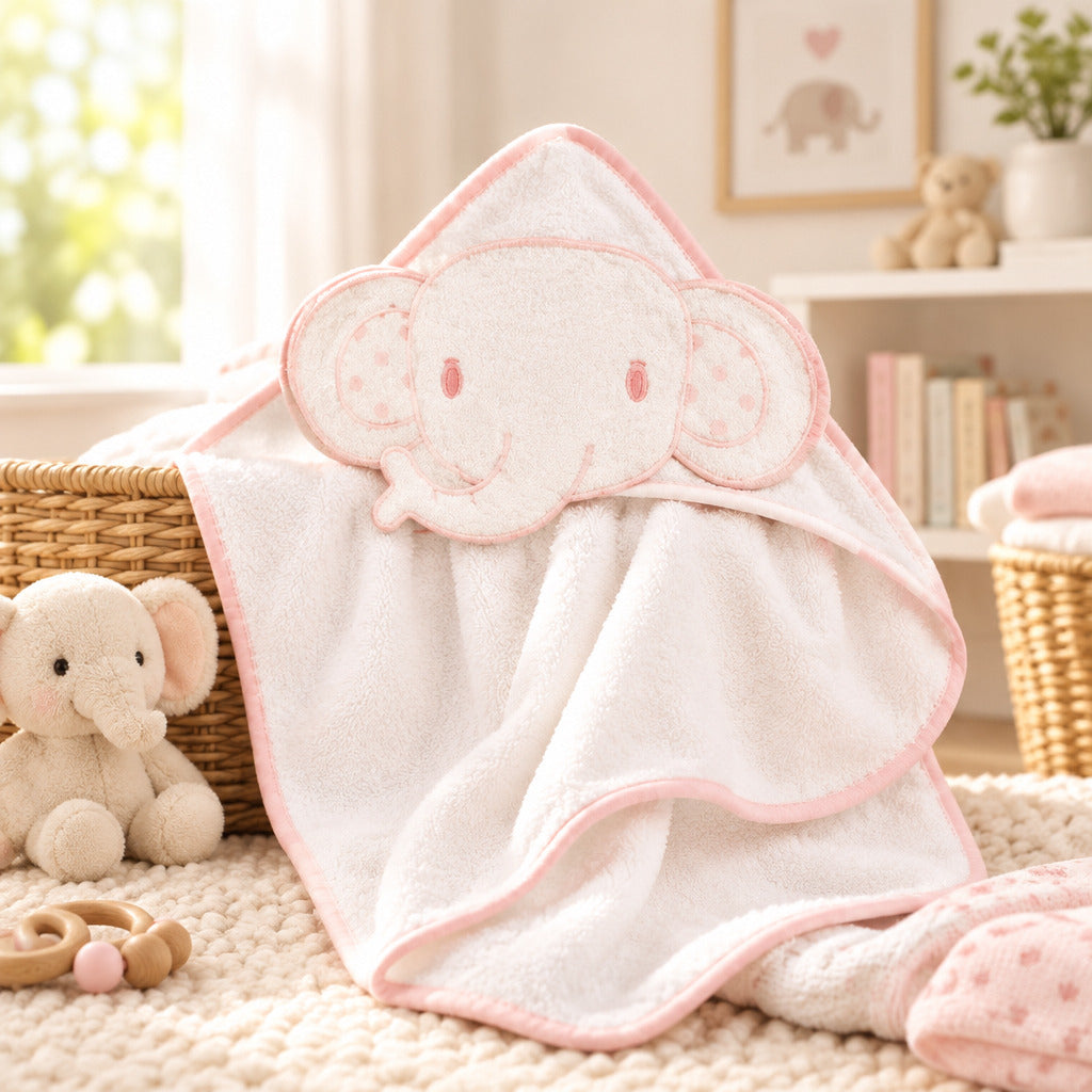Pink elephant hooded baby towel measuring 75 x 75 cm