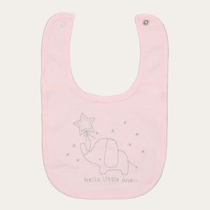 Pink baby bib with elephant design and 'hello little one' text on a light pink background