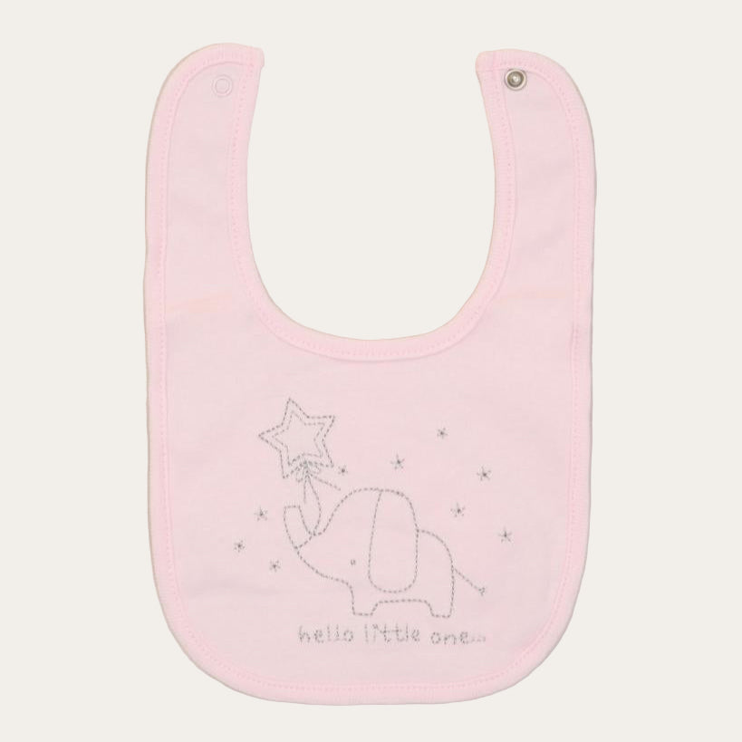 Pink baby bib with elephant design and 'hello little one' text on a light pink background