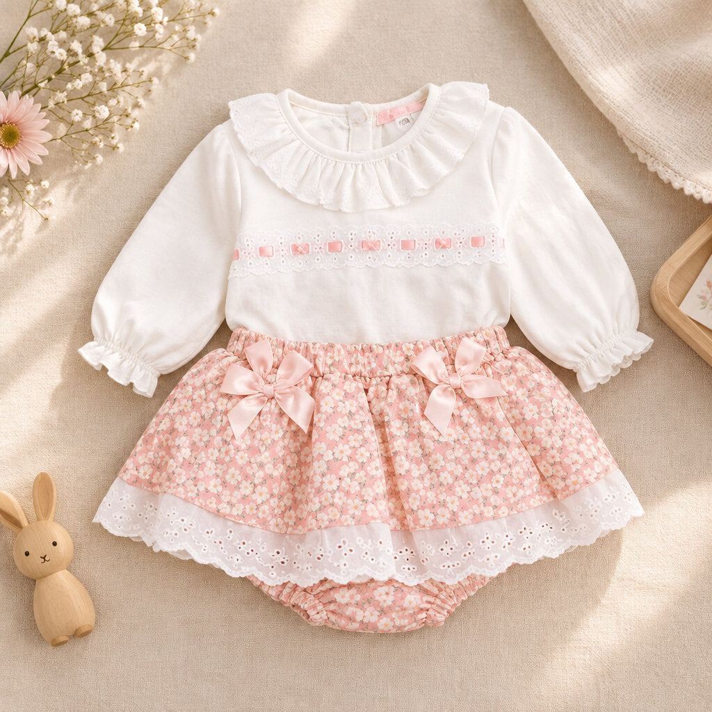 Pink and white floral baby girl dress and top set with lace and bow detail