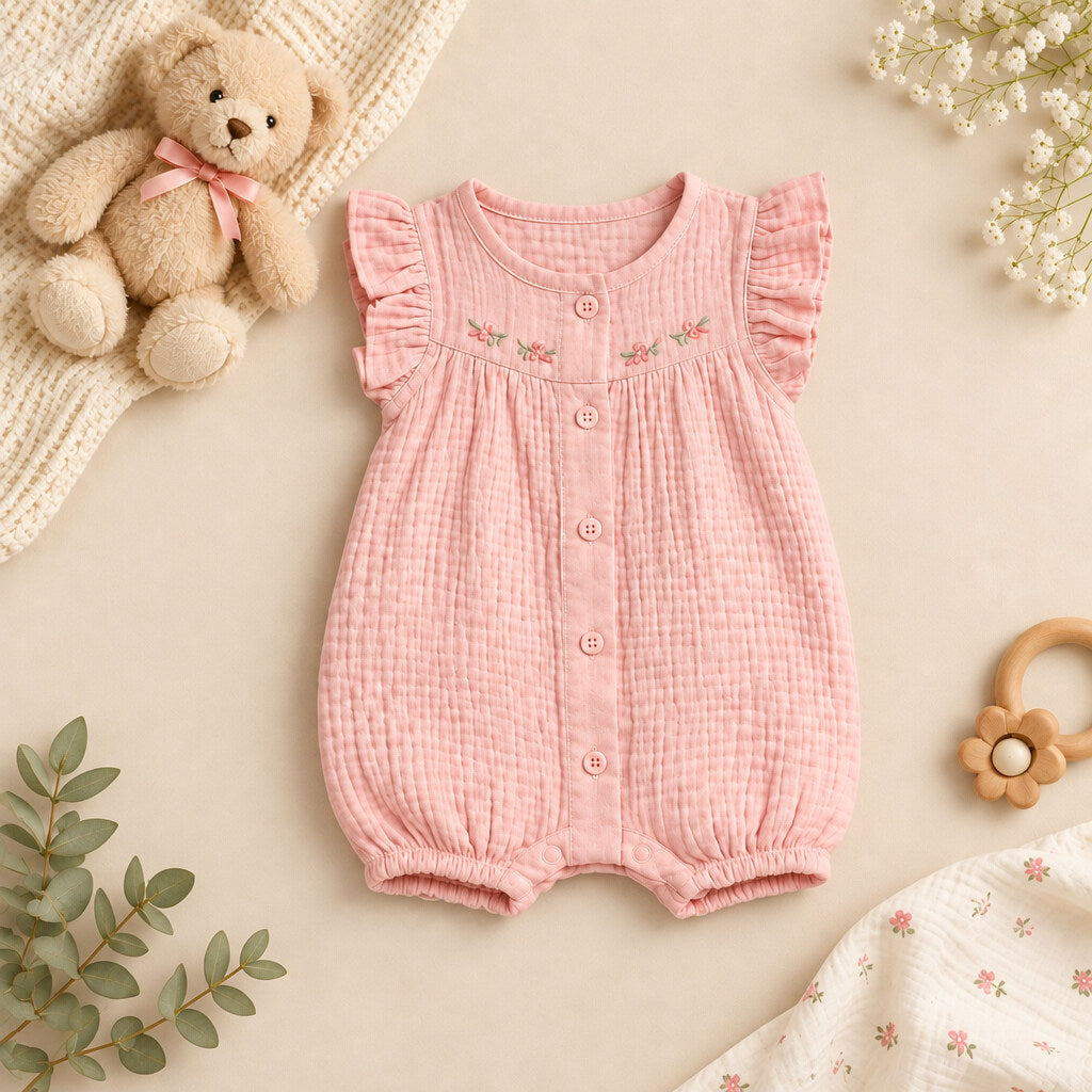Pink 100% cotton baby girl romper with floral embroidery