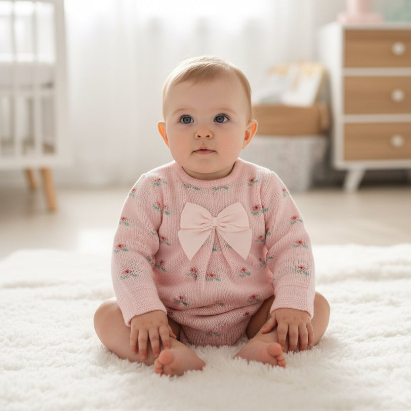 Pink flower baby romper with long sleeves and large front bow