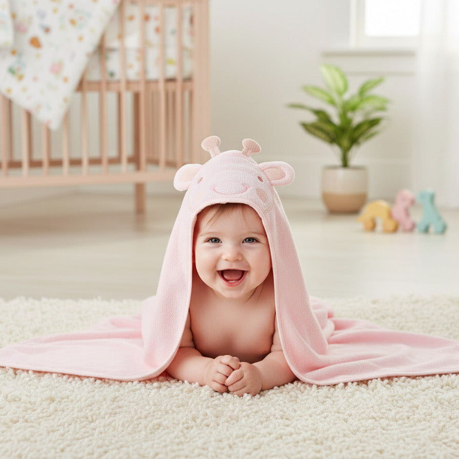 Pink giraffe baby hooded towel made from soft cotton, perfect for newborn bath time and gentle drying