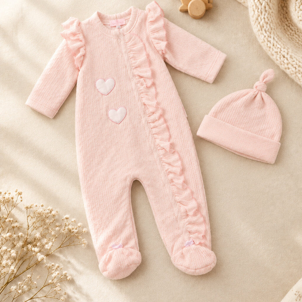 Pink hearts baby girls all-in-one with embroidery and appliqué