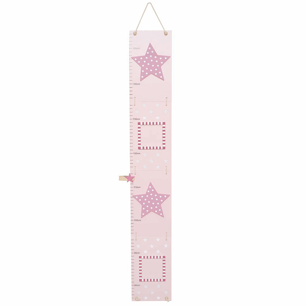 A growth height chart with room for two photographs in pink and white