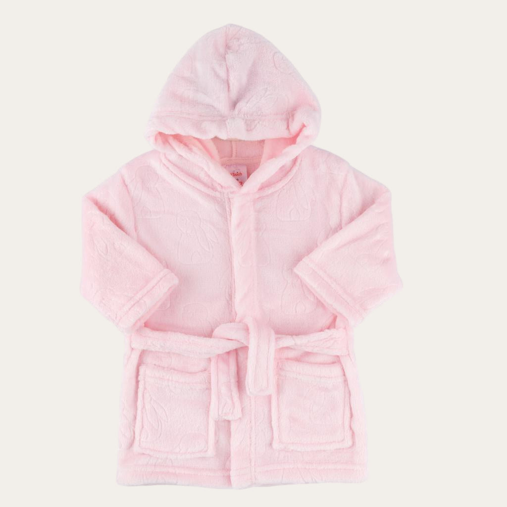 Pink baby girl dressing gown with hood and embossed bunny pattern