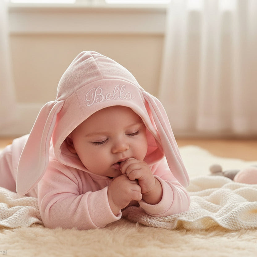 pink hooded baby outfit with stitched bunny ears and full length zip. Soft baby clothes for cosy newborn comfort.