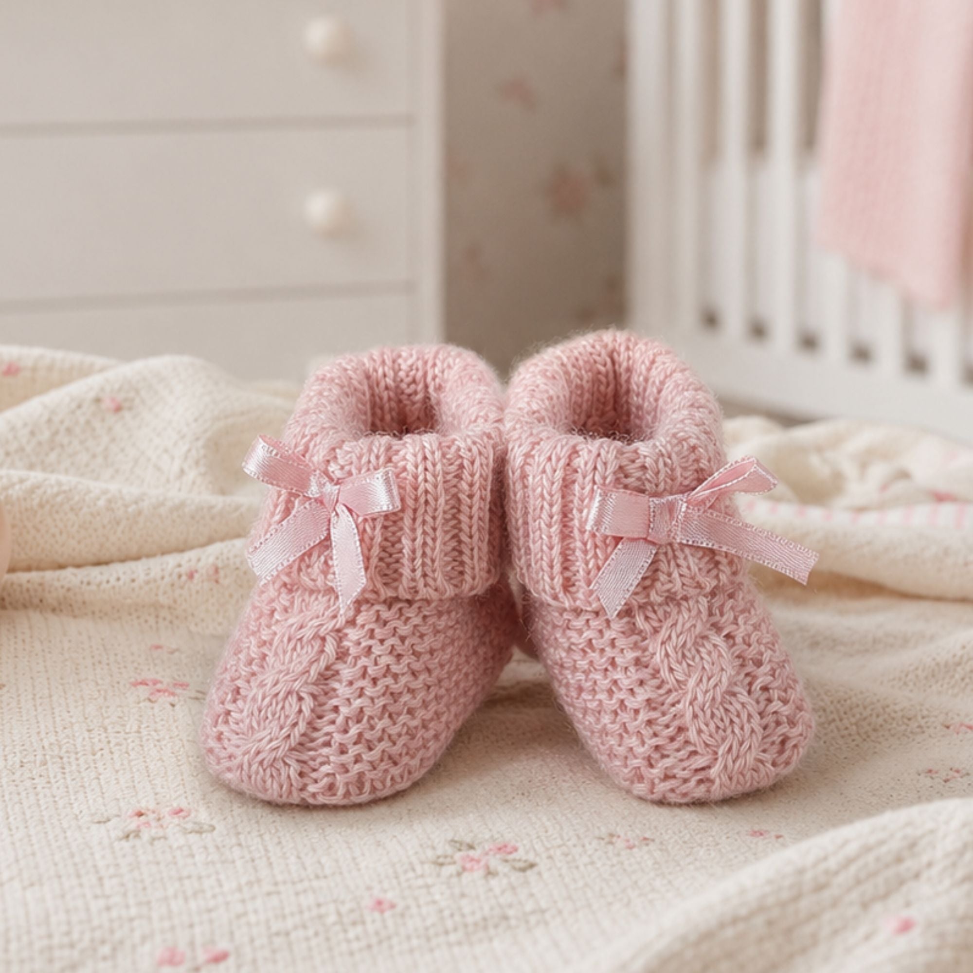 Pair of pink knitted baby booties with ribbons.