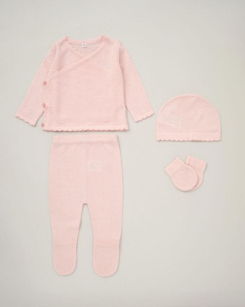 4 Piece pink baby outfit containing long-sleeve top, trousers, hat and mittens