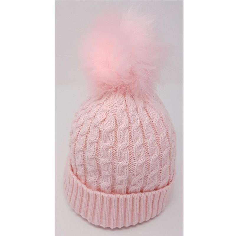 Light pink cable knit pom-pom hat