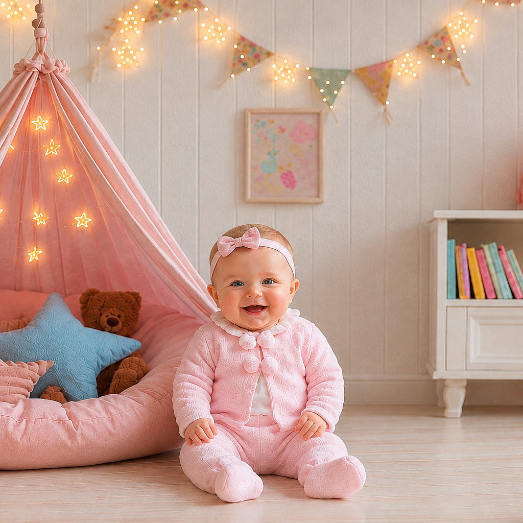 Pink knitted baby girl 3 piece outfit with pompoms