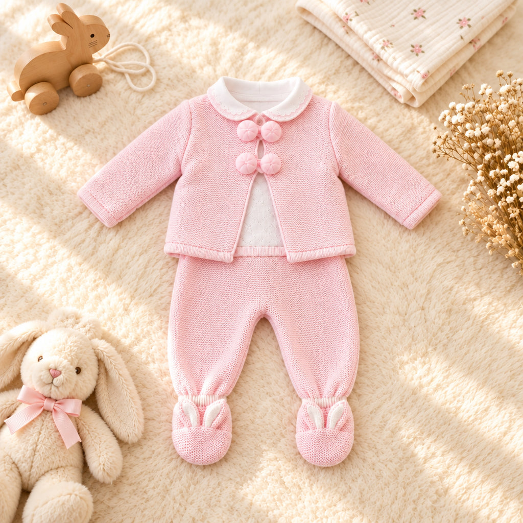 Pink knitted baby girl 3 piece set with pompom detailing
