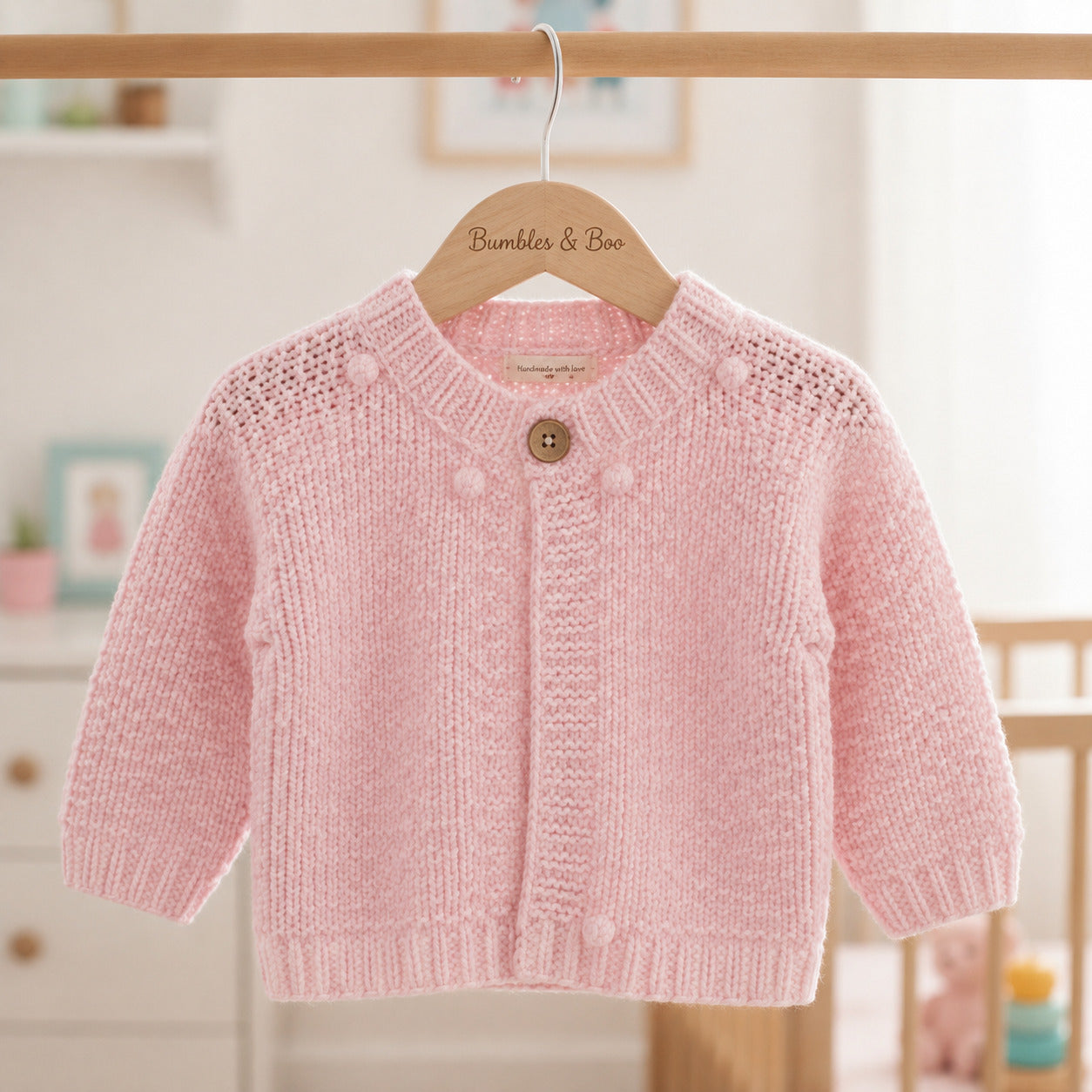 Pink cardigan for a baby girl with chunky knit and front button fastening