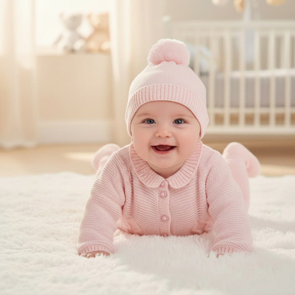 Pink knitted Baby Clothing Set with pompom hat worn by a baby
