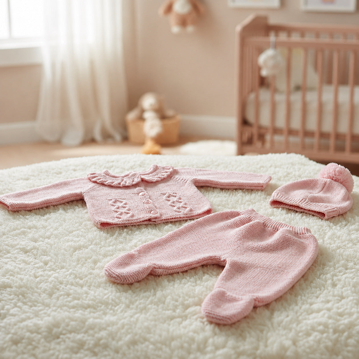 Pink knitted baby set with cardigan, footed trousers and pompom hat