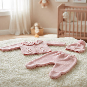 Pink knitted baby set with cardigan, footed trousers and pompom hat