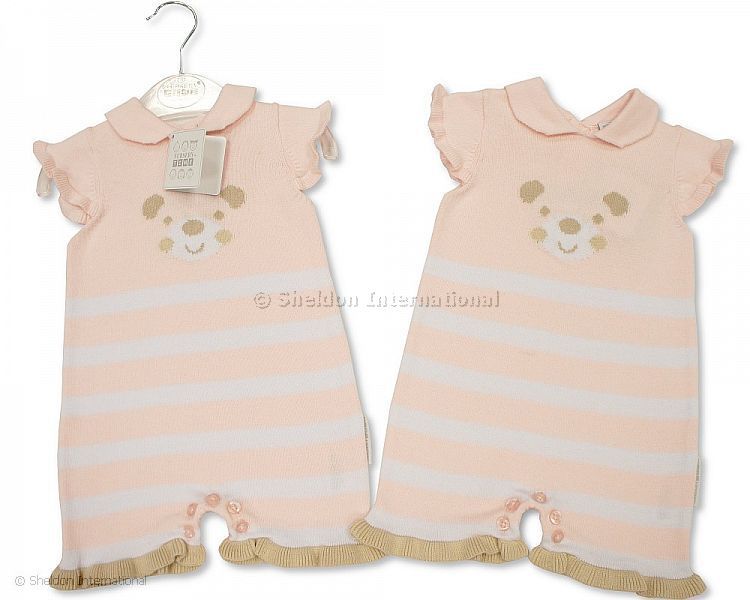 Pink striped baby romper with a bear print