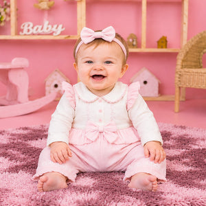 Pink lace and bow baby girl cotton romper