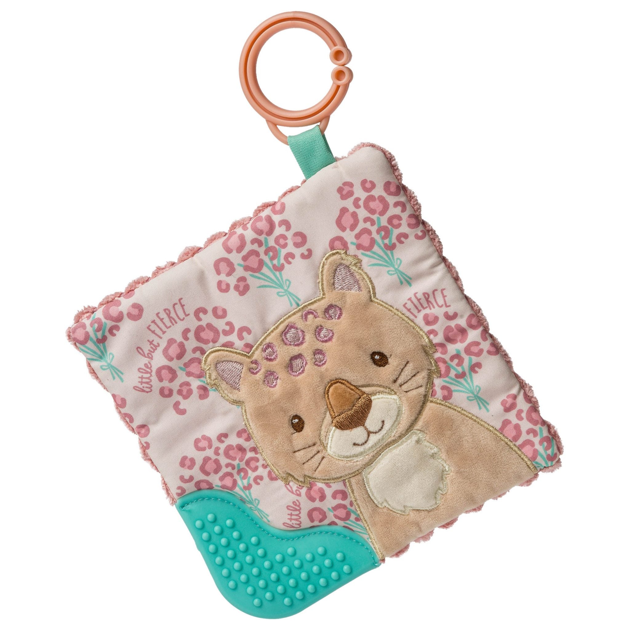 Pink leopard-themed crinkle teether with teal accents