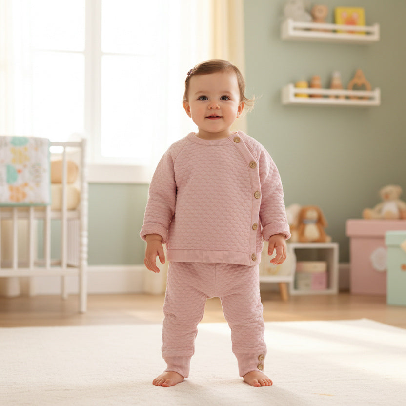 Baby girl wearing pink luxury knitted baby clothes set with honeycomb knit top and matching trousers in nursery.