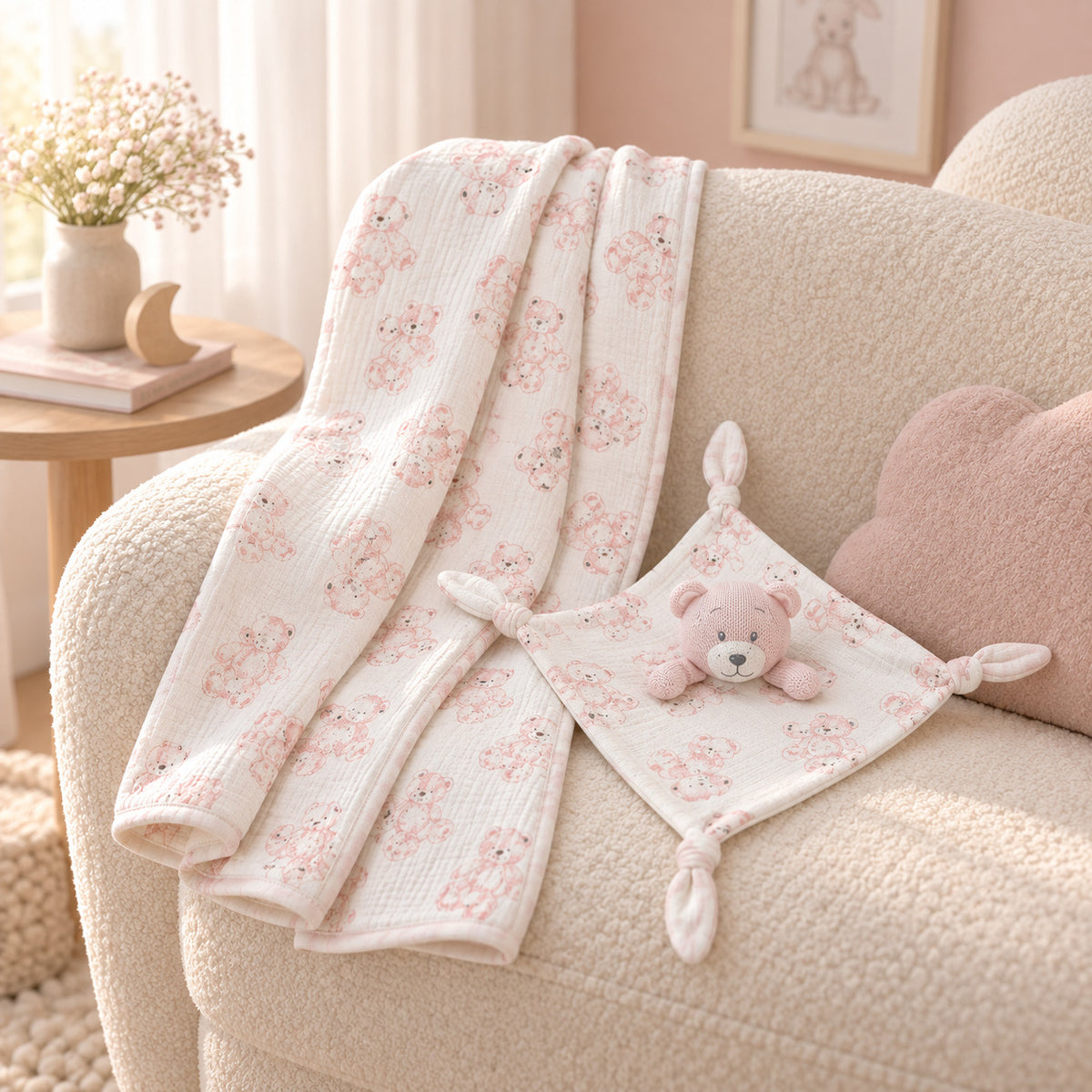 Pink muslin baby blanket and bear comforter gift set