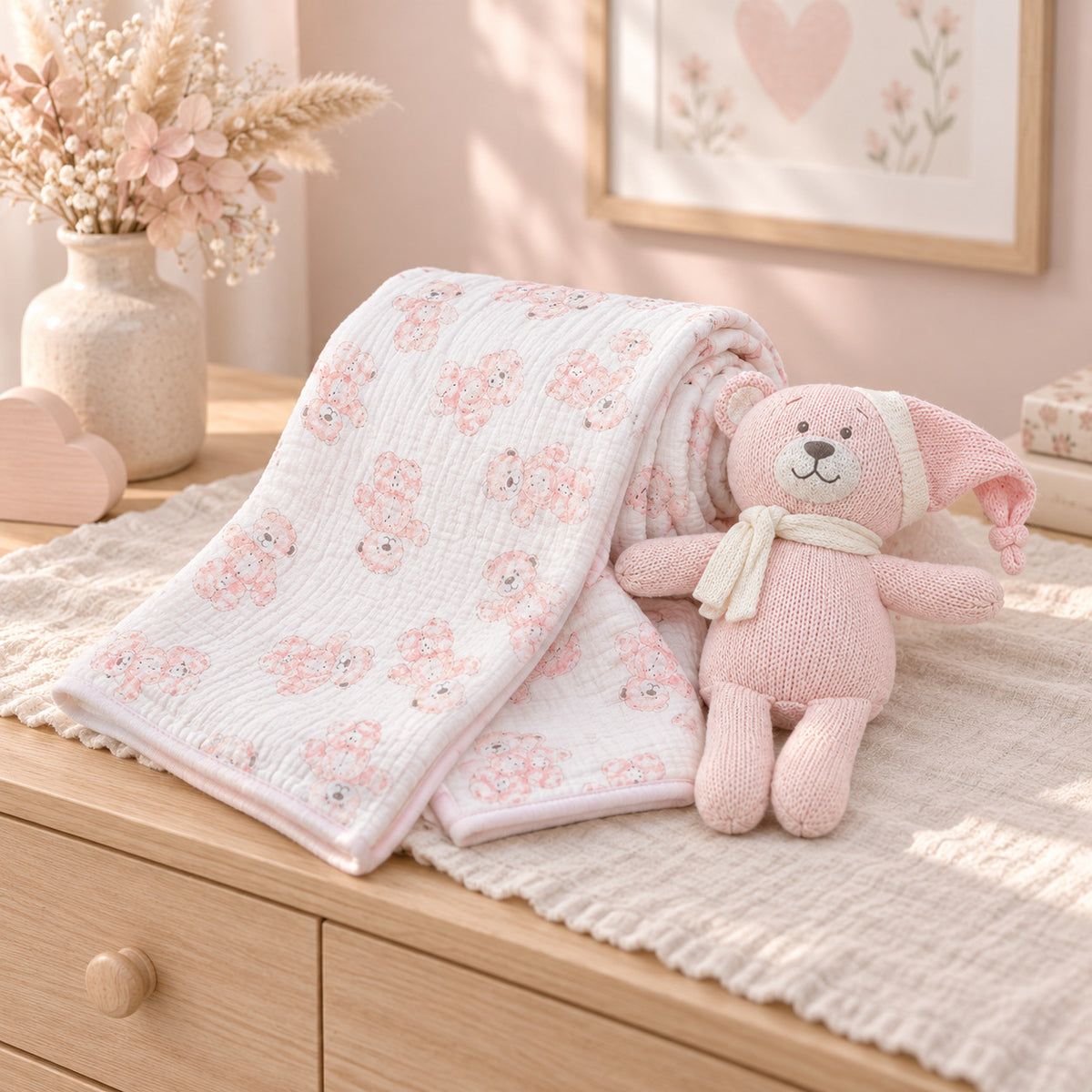 Pink muslin baby blanket and bear toy gift set