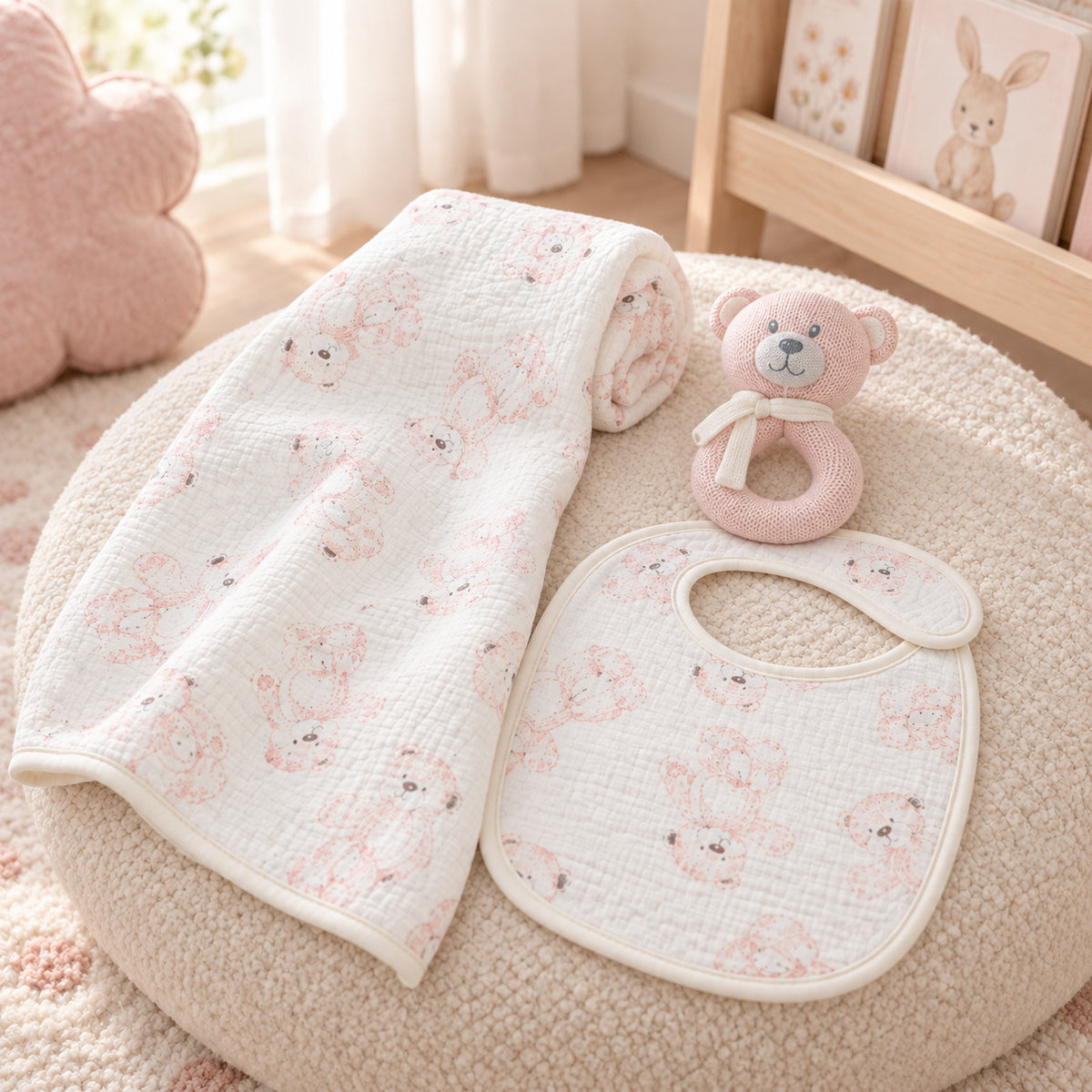 Pink muslin baby blanket, bib and bear rattle gift set