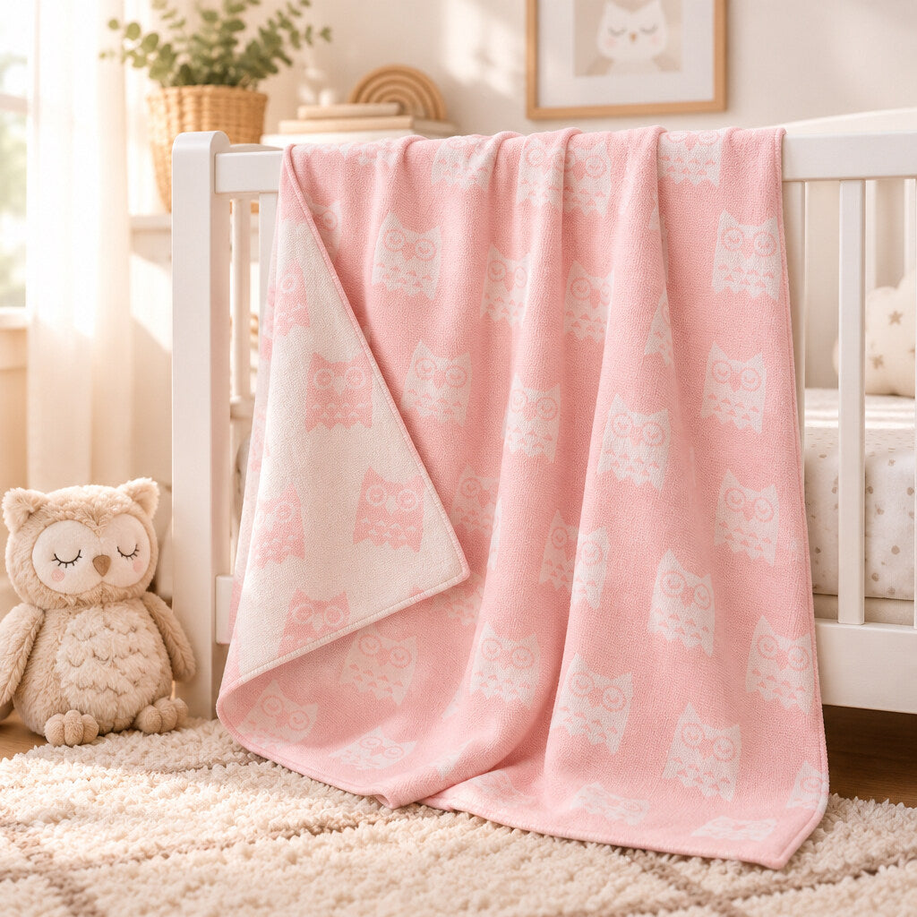 Pink cotton baby shawl with owl print measuring 70 x 90 cm