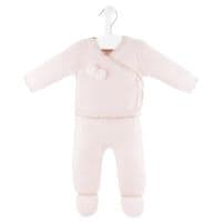 Pink knitted wrap cardigan with pom pom detail and footed leggings displayed on a hanger.