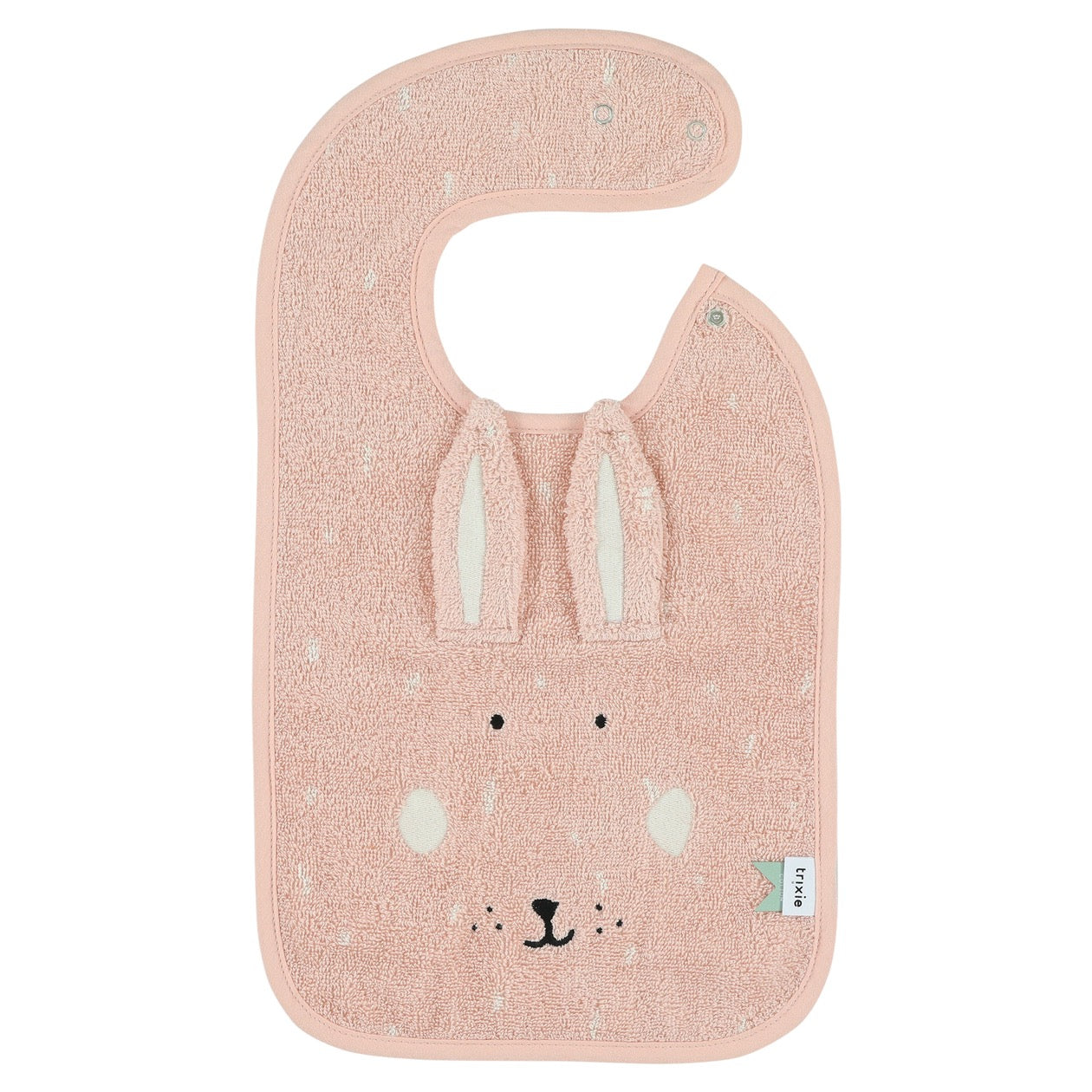 Pink baby bib with cute friendly rabbit face