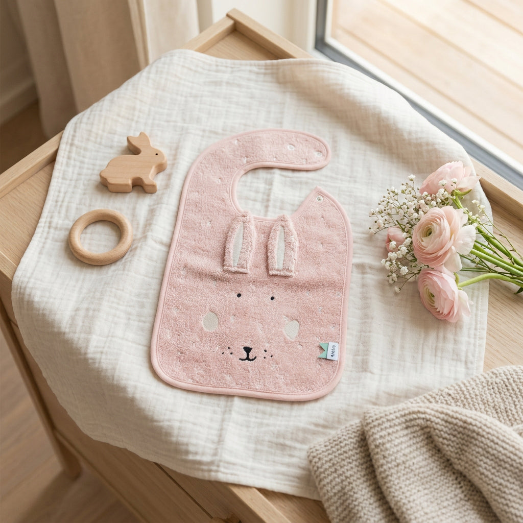 Pink Mrs Rabbit baby bib with long ears and embroidered rabbit face