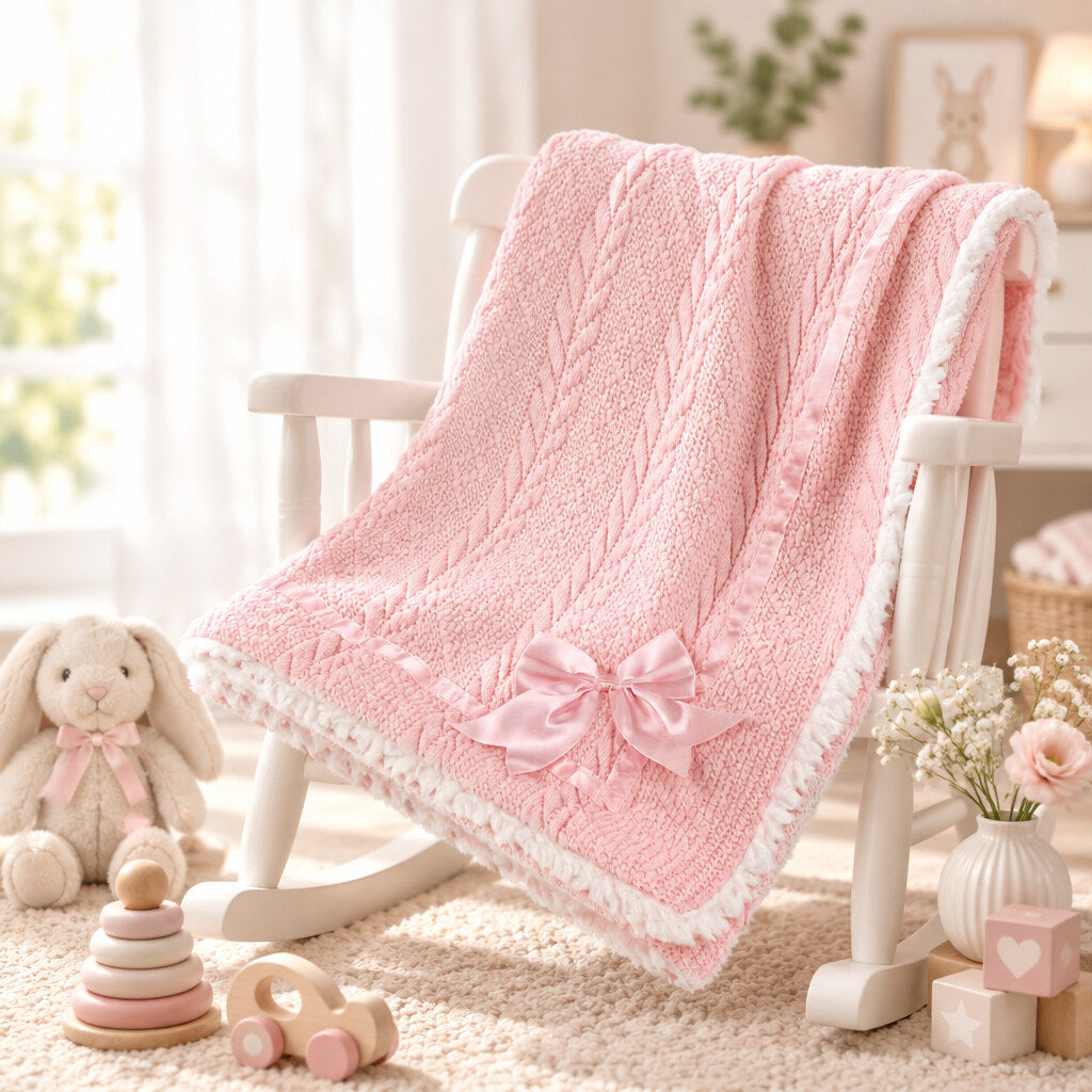 Pink sherpa back knit baby blanket with satin bow, 75 x 90cm
