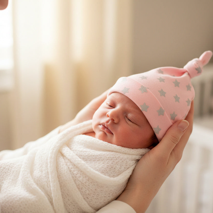 Baby wearing a pink knotted hat with silver stars, wrapped in white baby clothes.